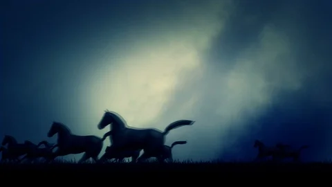 Herd of Horses in Running Through a Cloudy Field Animation Stock Footage 106158329