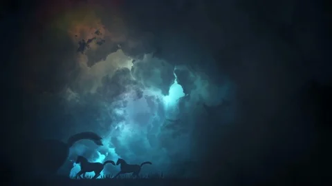 Herd of Horses in Running Through an Epic Storm Stock Footage 106157448