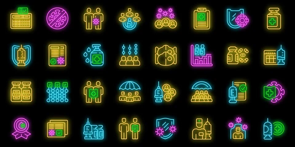 Herd immunity icons set vector neon Stock Illustration