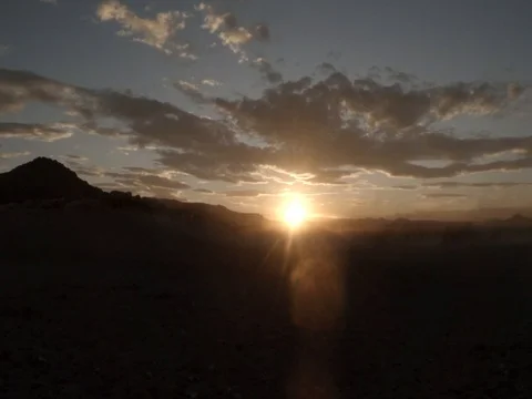A herd of sheep moves in the setting sun through a dry dusty terrain Stock Footage 77879618