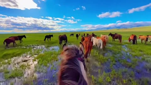 Herd of wild horses running through a wet meadow in the mongolian steppe Видео 334824405