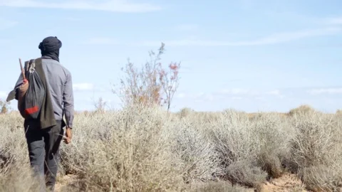 Herdsman wandering the desert Stock Footage 125092250