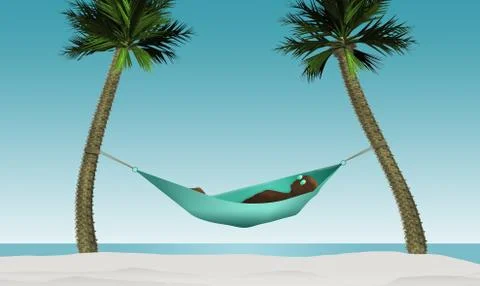 Here is a 3-D render illustration of a man lying in a hammock strung between Stock Illustration