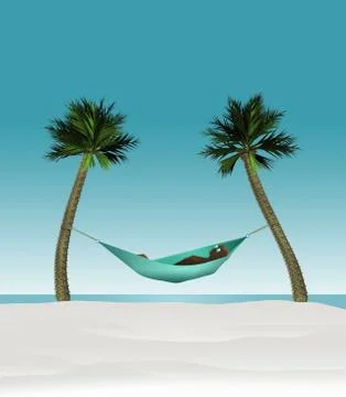 Here is a 3-D render illustration of a man lying in a hammock strung between Stock Illustration