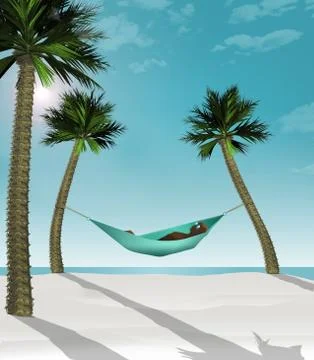 Here is a 3-D render illustration of a man lying in a hammock strung between Stock Illustration