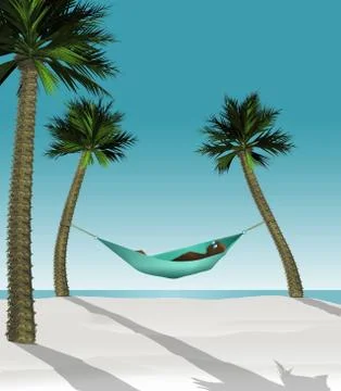 Here is a 3-D render illustration of a man lying in a hammock strung between Stock Illustration