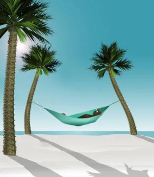 Here is a 3-D render illustration of a man lying in a hammock strung between Stock Illustration