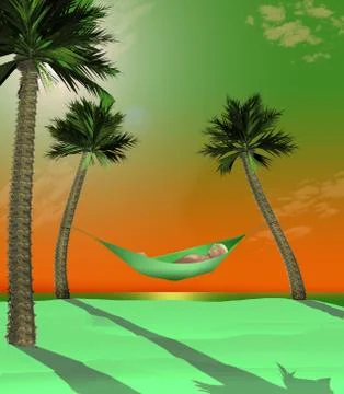 Here is a 3-D render illustration of a man lying in a hammock strung between Stock Illustration