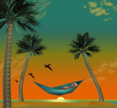 Here is a 3-D render illustration of a man lying in a hammock strung between Stock Illustration