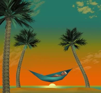 Here is a 3-D render illustration of a man lying in a hammock strung between Illustrazione stock