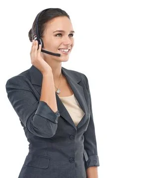 Here to answer any customer question. Studio shot of an attractive customer Stock Photos