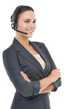 Here to answer any customer question. Studio shot of an attractive customer Stock Photos