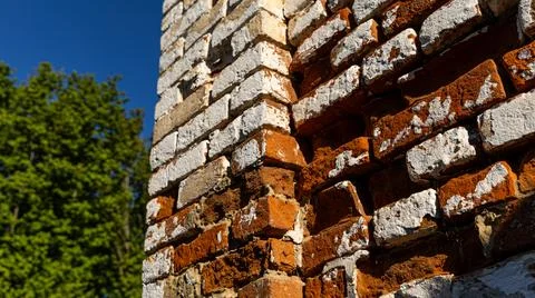 Here is a closeup view of a brick wall with trees in the background Stock Photos