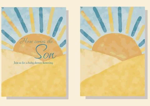 Here Comes the Son Sunshine Landscape Blue new Baby Shower Invitation Stock Illustration