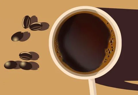 Here is a cup of coffee on the table viewed from overhead and illuminated by Stock Illustration