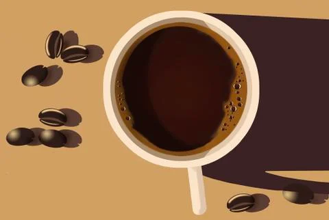 Here is a cup of coffee on the table viewed from overhead and illuminated by Stock Illustration