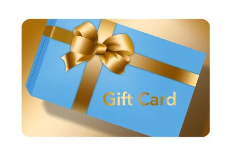 Here is a gift card with a gift box design that includes a gold bow and ribbo Stock Illustration