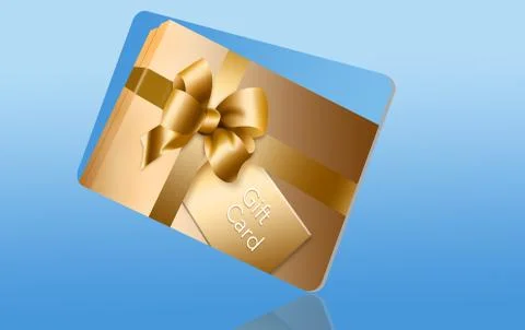 Here is a gift card with a gift box design that includes a gold bow and ribbo Stock Illustration
