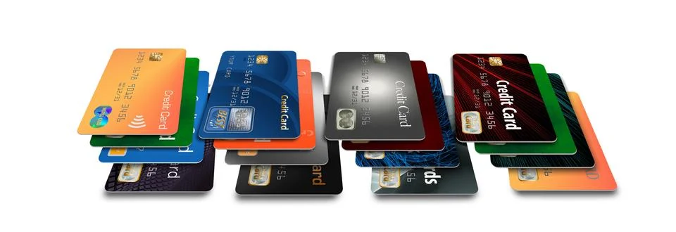 Here is a group of floating, flying mock credit cards in an illustration. Stock Illustration