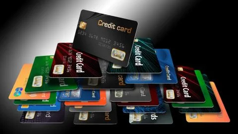 Here is a group of floating, flying mock credit cards in an illustration. Stock Illustration