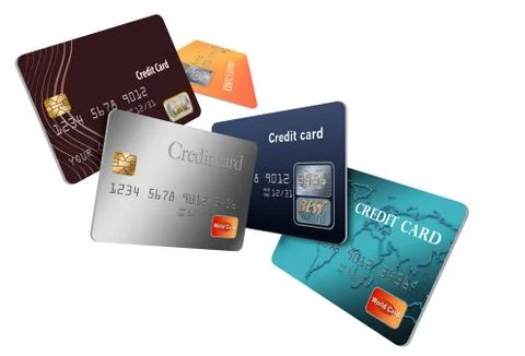 Here is a group of floating, flying mock credit cards in an illustration. Stock Illustration