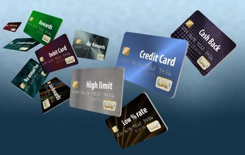 Here is a group of floating, flying mock credit cards in an illustration. Stock Illustration