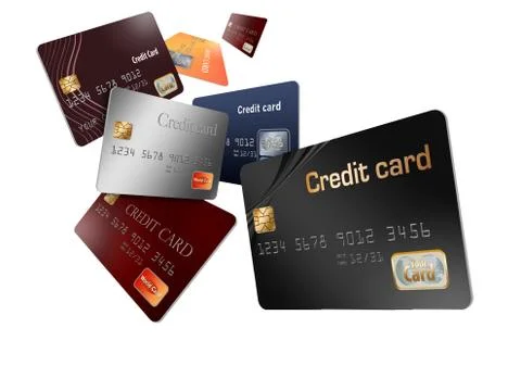 Here is a group of floating, flying mock credit cards in an illustration. Stock Illustration