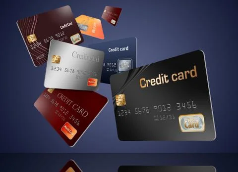 Here is a group of floating, flying mock credit cards in an illustration. Stock Illustration