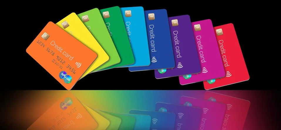 Here is a group of floating, flying mock credit cards in an illustration. Stock Illustration