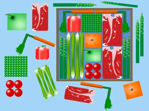 Here is an illustration of pre-packaged cook at home meal kits that are deliv Stock Illustration