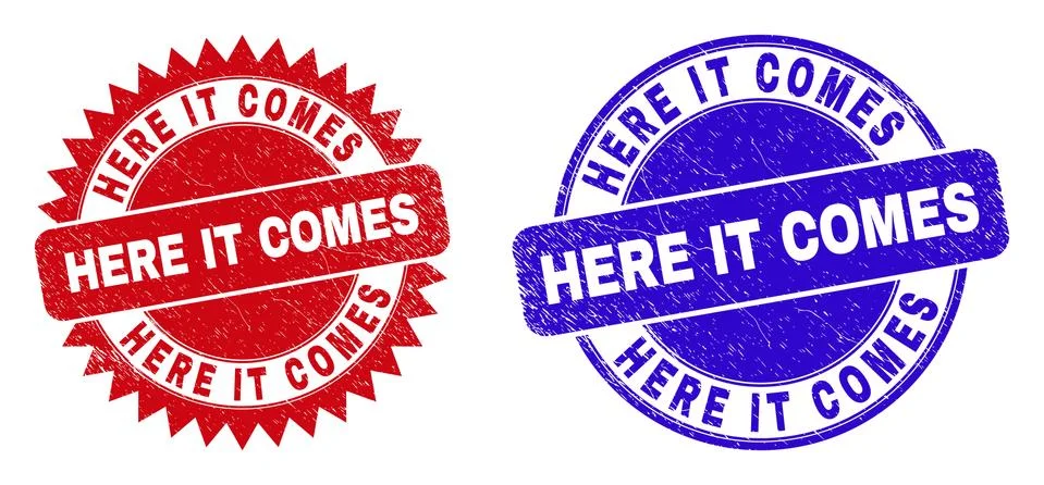HERE IT COMES Rounded and Rosette Stamp Seals with Rubber Surface Stock Illustration