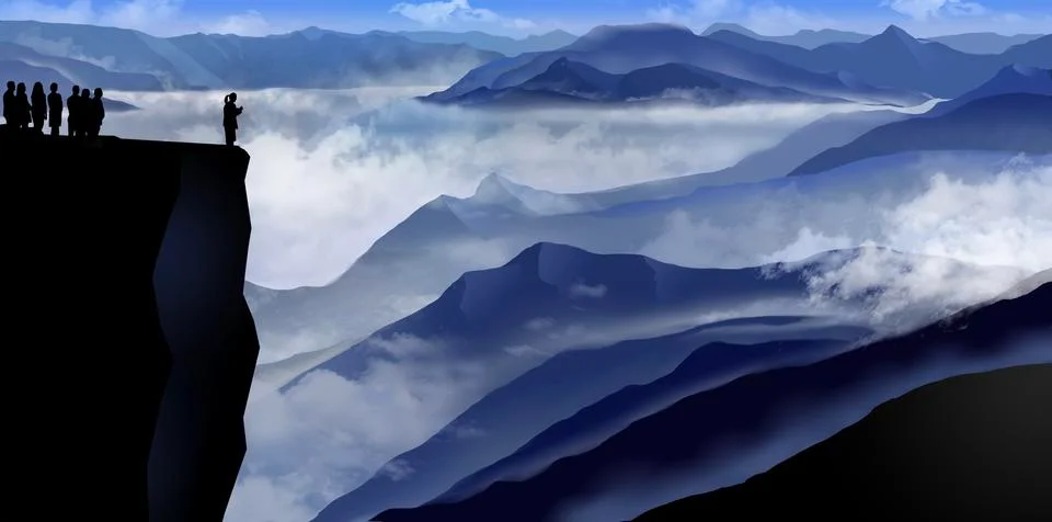 Here is a view of people taking a mountain tour standing on a cliff. Stock Illustration