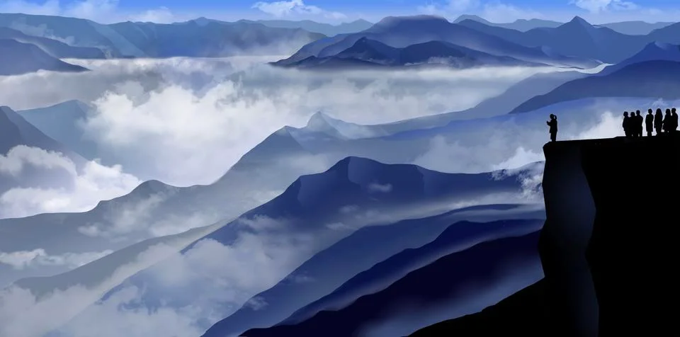 Here is a view of people taking a mountain tour standing on a cliff. Stock Illustration