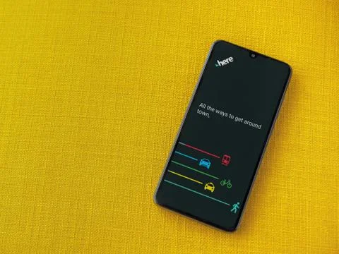 HERE WeGo app launch screen with logo on the display of a black mobile smartp Stock Photos