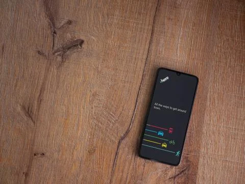 HERE WeGo app launch screen with logo on the display of a black mobile smartp Stock Photos
