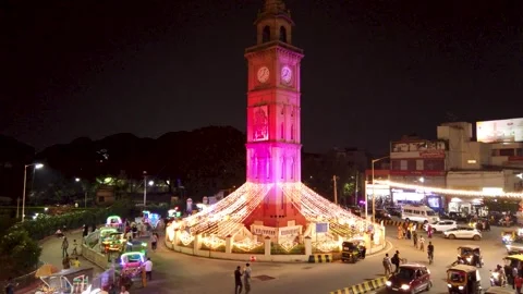 A Heritage Clock Tower illuminated during Dussehra festival in Mysore, India. Stock Footage 274208581