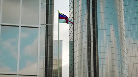 Herm Flag 3D Render Animation on Pole with City Buildings Video stock 332879029