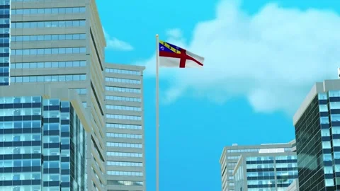 Herm Flag 3D Render Animation with Urban Architecture and Clear Blue Sky Stock-Footage 332945204
