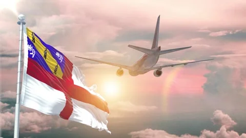 Herm flag Waving Realistic With Sky Plane Takes Off At Sunrise Stock Footage 294599715