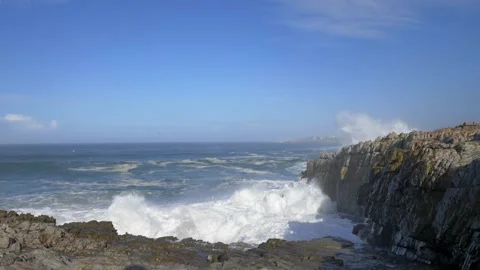 Hermanus Heavy Seas - Waves Breaking Onto Rocks Stock Footage 156340015