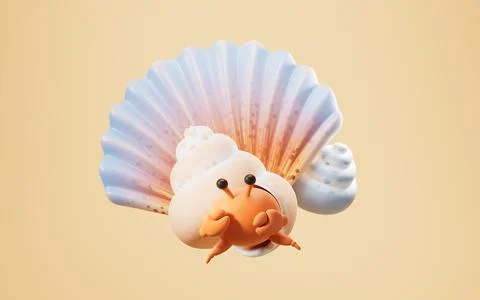 Hermit crab and spiral shell with cartoon style, 3d rendering. Stock Illustration