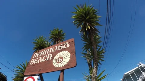 Hermosa Beach Sign - low angle with palm tree Stock Footage 102478307