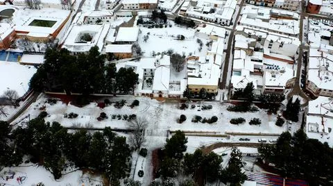 Hermosa fotografía aérea de la patrona de Villarrobledo nevada. Stock Photos