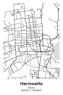 Hermosillo, Mexico - vector map of city in Black, white, gray, BW colors Stock Illustration