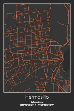 Hermosillo, Mexico - vector map of city in Gray, Black, Orange colors Stock Illustration