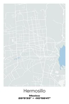 Hermosillo, Mexico - vector map of city in Gray, white, green, blue colors Stock Illustration