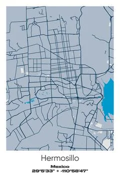 Hermosillo, Mexico - vector map of city in Blue, Gray, Yellow, Olive colors Stock Illustration