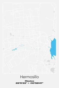 Hermosillo, Mexico - vector map of city in Gray, white, blue colors Stock Illustration
