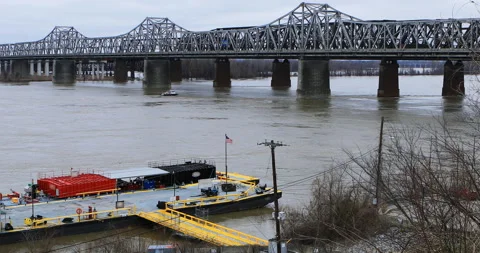 Hernando DeSoto Bridge pan at Memphis, TN with dock in front, exclusive 4K Video stock 171084228