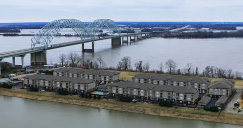 Hernando DeSoto Bridge scene at Memphis, TN over Mississippi River, exclusive 4K Stock Footage 171083705